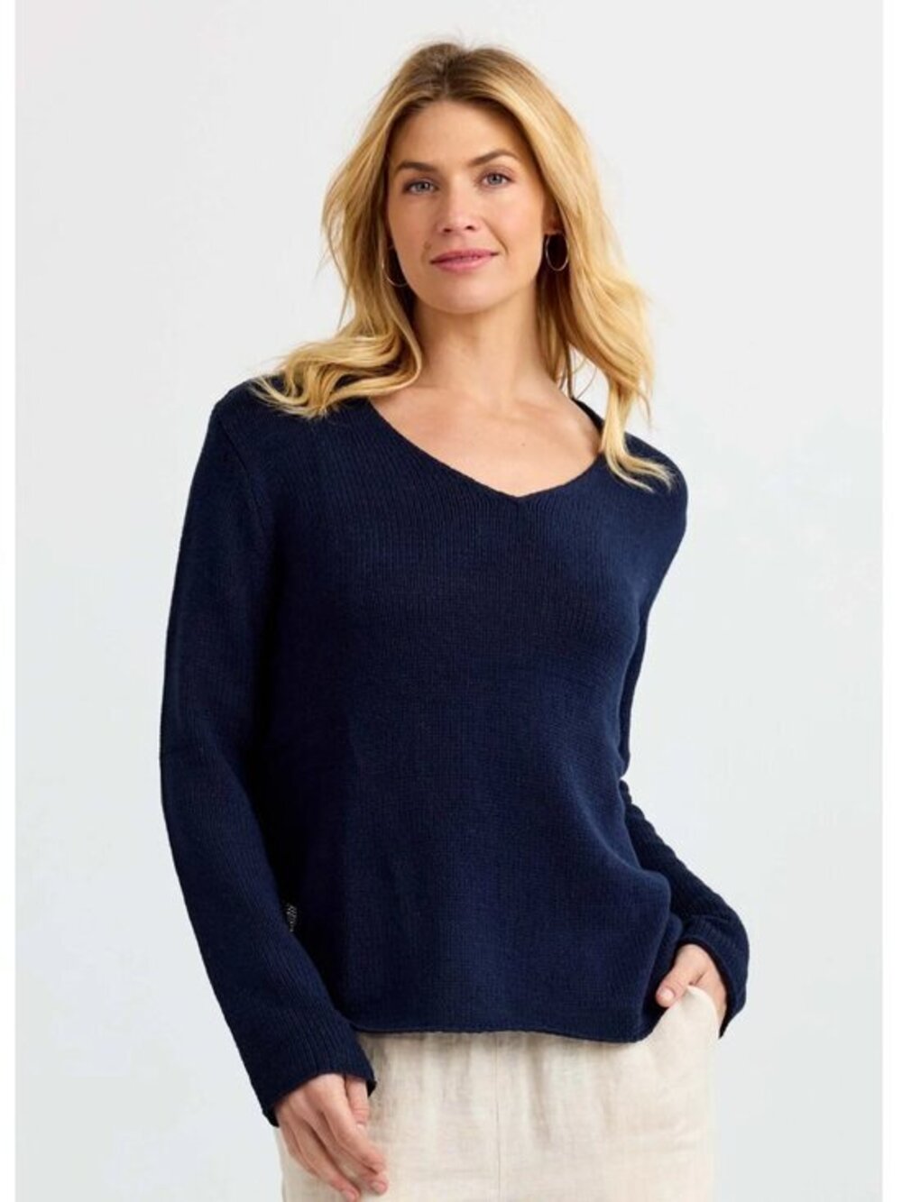 PURA Cashmere Cotton Round Edge V-Neck Nevy M $120